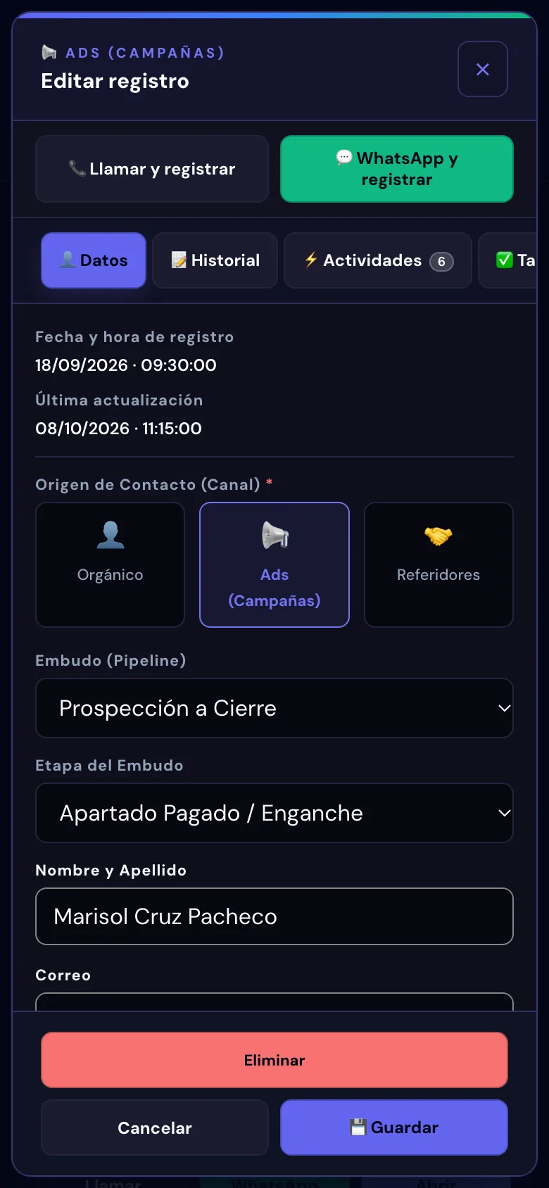 Ficha del contacto con Llamar y registrar y WhatsApp y registrar